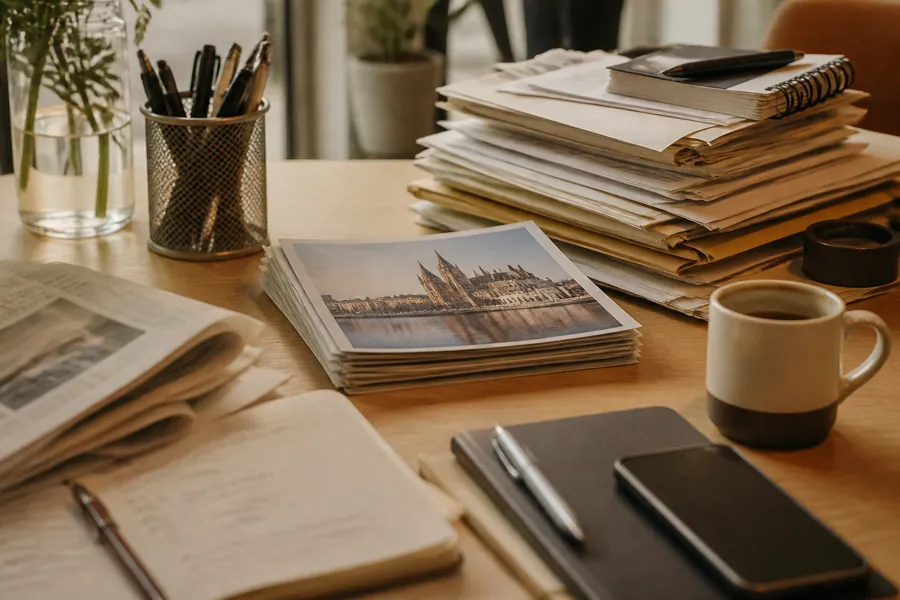Printed pages, notebooks and a cup of coffee on a desk